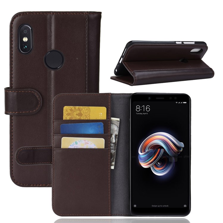 Carteira De Couro Genuíno Dividir Ficar Tampa Para Xiaomi Redmi Note 5 Pro (câmera Dupla) / Nota 5 Do Redmi (china) / Mi 6X - Castanho-1
