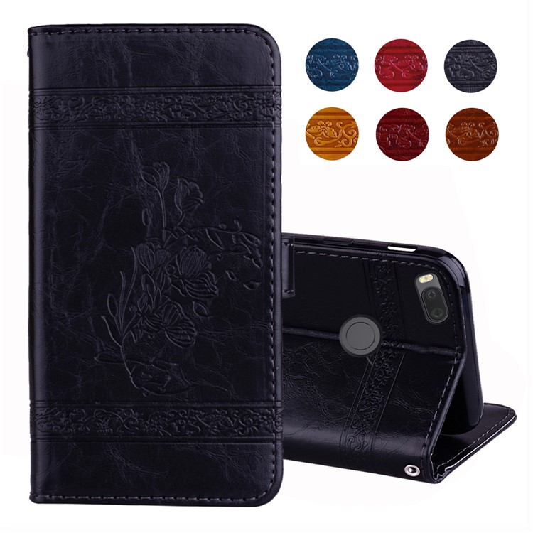 Imprinted Flower Oil Wax Wallet Leather Case for Xiaomi Mi A1/Mi 5X - Black-1