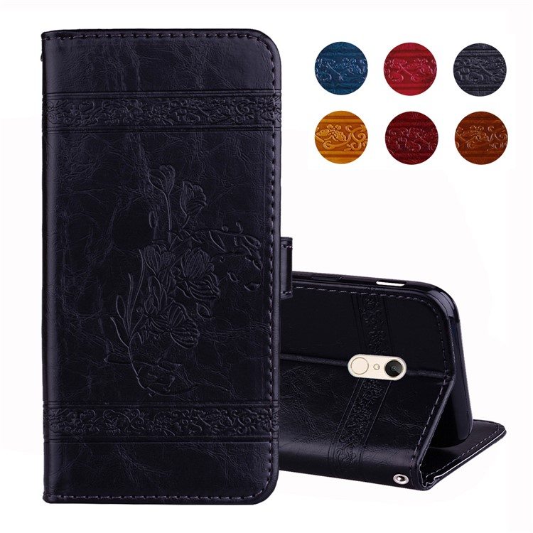 Imprinted Flower Oil Wax Leather Wallet Case for Xiaomi Redmi Note 5 (12MP Rear Camera) / Redmi 5 Plus (China) - Black-1