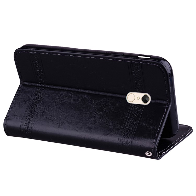 Imprinted Flower Oil Wax Leather Wallet Case for Xiaomi Redmi Note 5 (12MP Rear Camera) / Redmi 5 Plus (China) - Black-5