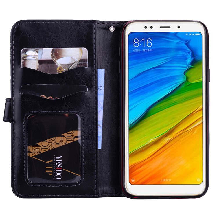 Imprinted Flower Oil Wax Leather Wallet Case for Xiaomi Redmi Note 5 (12MP Rear Camera) / Redmi 5 Plus (China) - Black-6