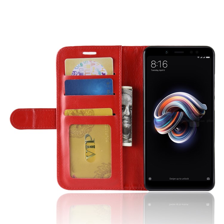 Crazy Horse Texture Wallet Stand Leather Case Accessory for Xiaomi Redmi Note 5 Pro (Dual Camera) / Redmi Note 5 (China) - Red-11