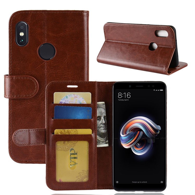 Crazy Horse Texture Wallet Stand Leather Protective Folio Casing for Xiaomi Redmi Note 5 Pro (Dual Camera) / Redmi Note 5 (China) - Brown-3