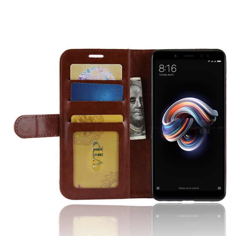 Crazy Horse Texture Wallet Stand Leather Protective Folio Casing for Xiaomi Redmi Note 5 Pro (Dual Camera) / Redmi Note 5 (China) - Brown-9