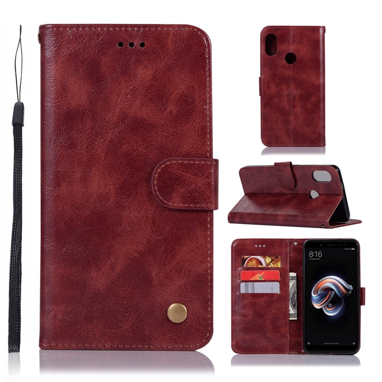 Premium Vintage Leather Wallet Mobile Casing for Xiaomi Redmi Note 5 Pro (Dual Camera) / Redmi Note 5 (China) - Wine Red-1