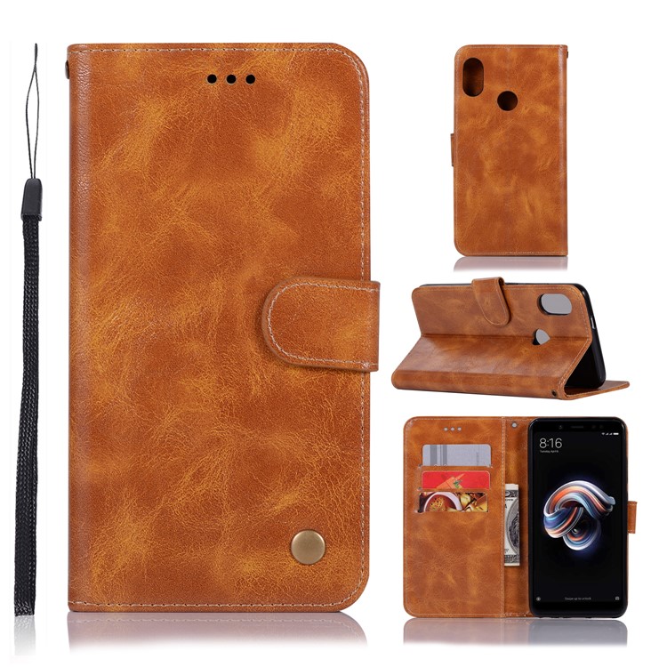 Premium Vintage Leather Stand Phone Shell for Xiaomi Redmi Note 5 Pro (Dual Camera) / Redmi Note 5 (China) - Brown-1