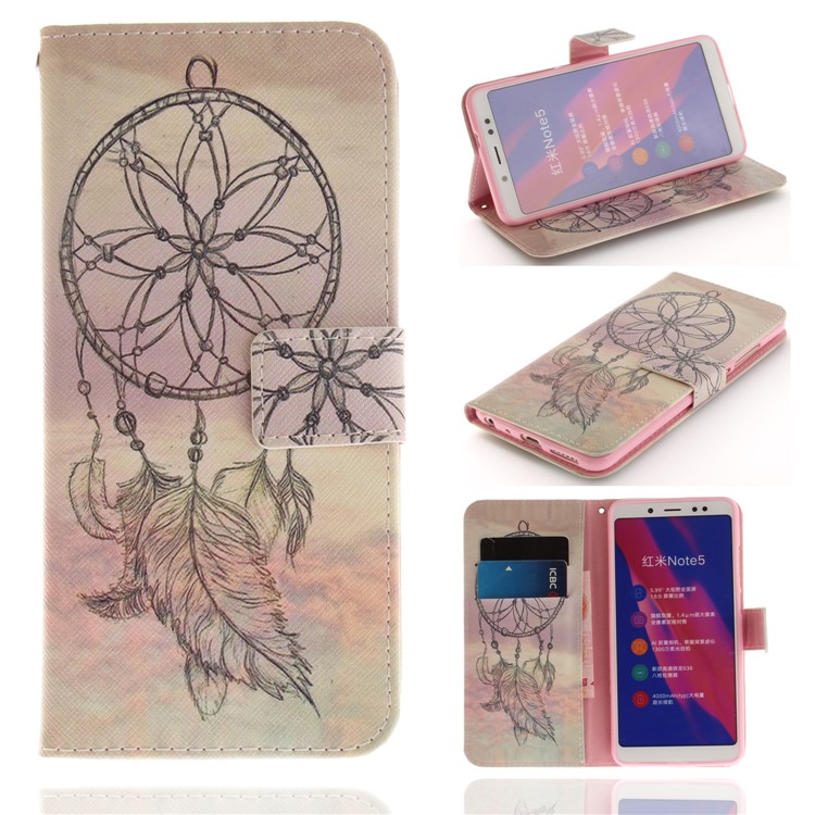 Patterned Wallet Stand PU Leather Magnetic Cover for Xiaomi Redmi Note 5 Pro (Dual Camera) / Redmi Note 5 (China) - Feather Dream Catcher-1