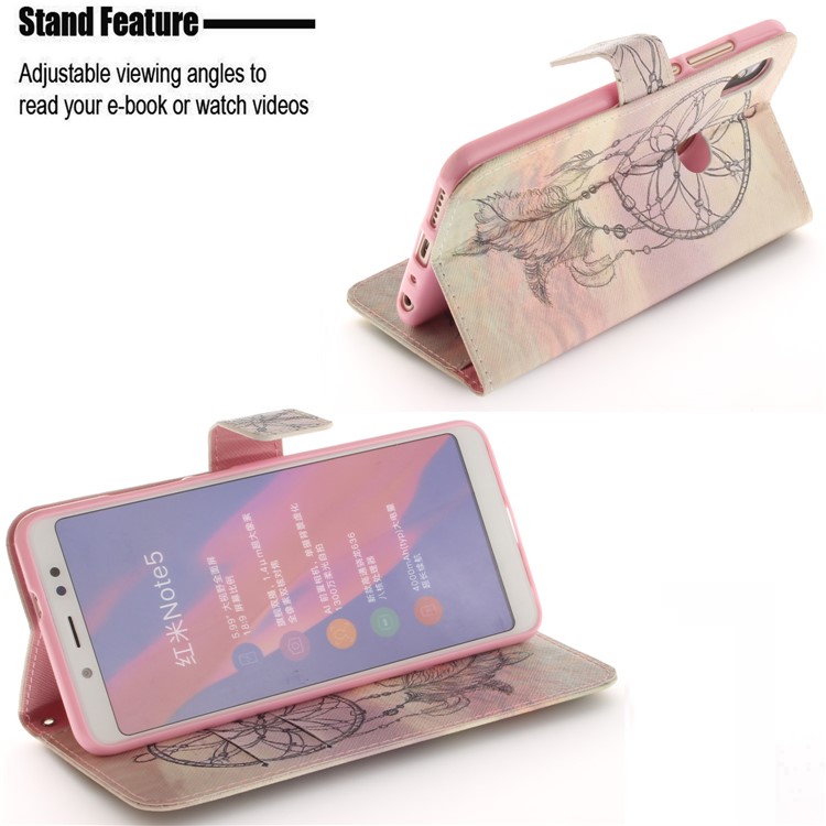Patterned Wallet Stand PU Leather Magnetic Cover for Xiaomi Redmi Note 5 Pro (Dual Camera) / Redmi Note 5 (China) - Feather Dream Catcher-5