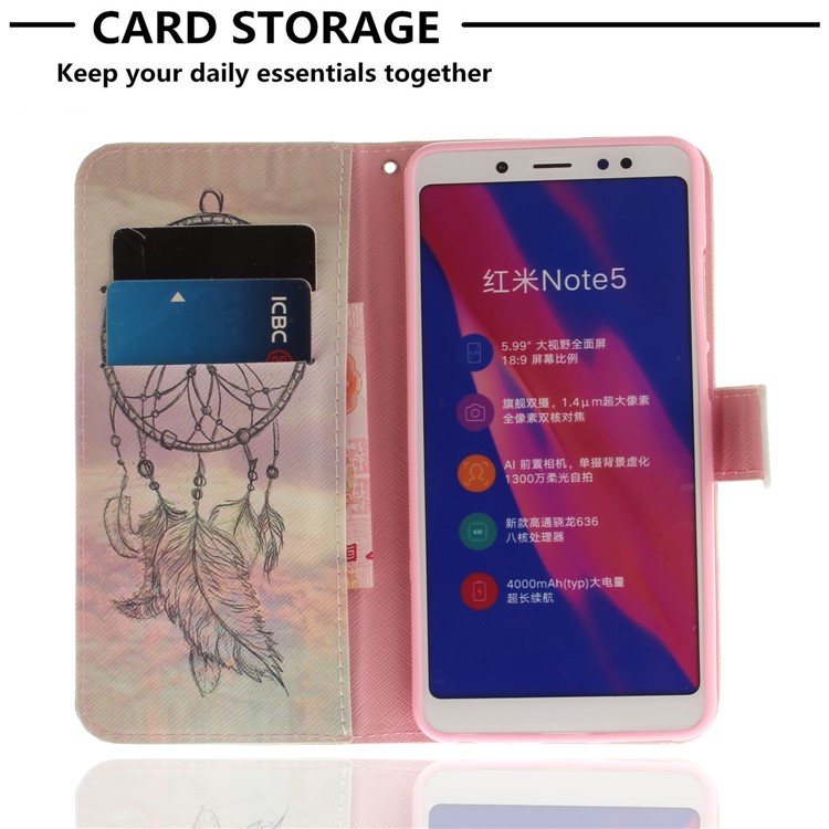 Patterned Wallet Stand PU Leather Magnetic Cover for Xiaomi Redmi Note 5 Pro (Dual Camera) / Redmi Note 5 (China) - Feather Dream Catcher-7