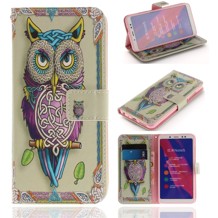 Pattern Printing Wallet Stand PU Leather Mobile Case for Xiaomi Redmi Note 5 Pro (Dual Camera) / Redmi Note 5 (China) - Colorized Owl-1