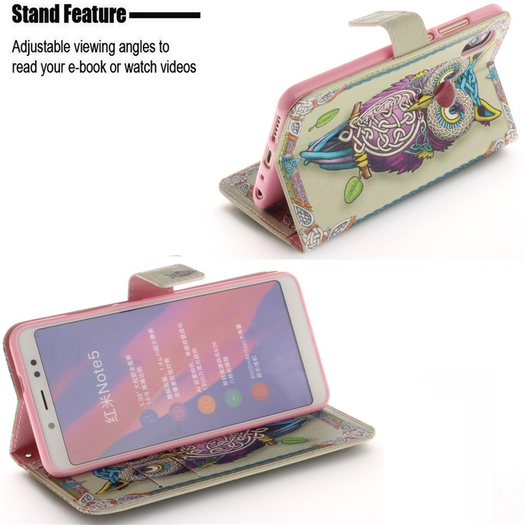 Pattern Printing Wallet Stand PU Leather Mobile Case for Xiaomi Redmi Note 5 Pro (Dual Camera) / Redmi Note 5 (China) - Colorized Owl-5