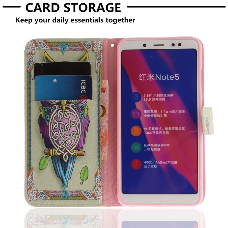 Pattern Printing Wallet Stand PU Leather Mobile Case for Xiaomi Redmi Note 5 Pro (Dual Camera) / Redmi Note 5 (China) - Colorized Owl-7
