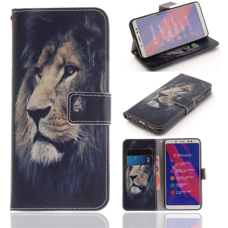 Patterned PU Leather Wallet Stand Cover Accessory for Xiaomi Redmi Note 5 Pro (Dual Camera) / Redmi Note 5 (China) - Lion Pattern-1
