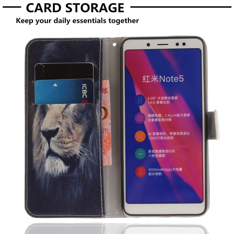 Patterned PU Leather Wallet Stand Cover Accessory for Xiaomi Redmi Note 5 Pro (Dual Camera) / Redmi Note 5 (China) - Lion Pattern-7