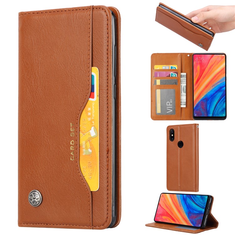 Auto-absorbed Leather Wallet Stand Phone Casing for Xiaomi Mi Mix 2s - Brown-1