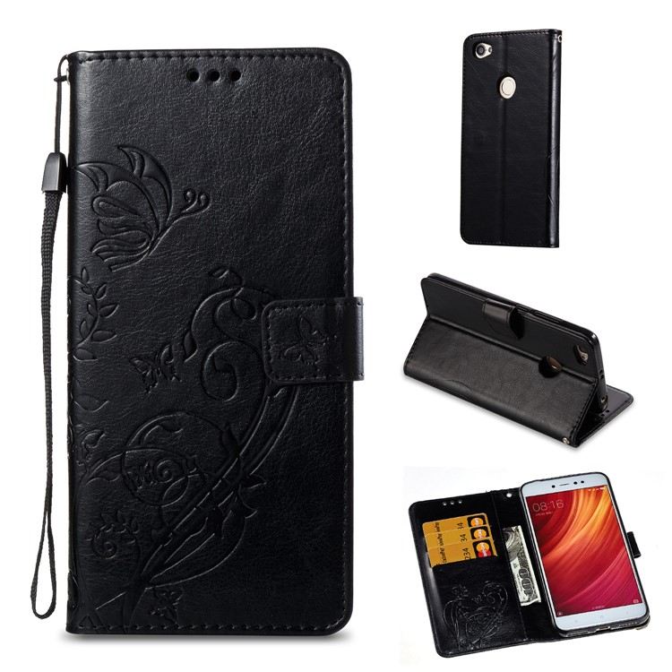 Imprinted Butterfly Flower Leather Wallet Stand Case for Xiaomi Redmi Note 5A Prime/Redmi Y1 (India) - Black-1