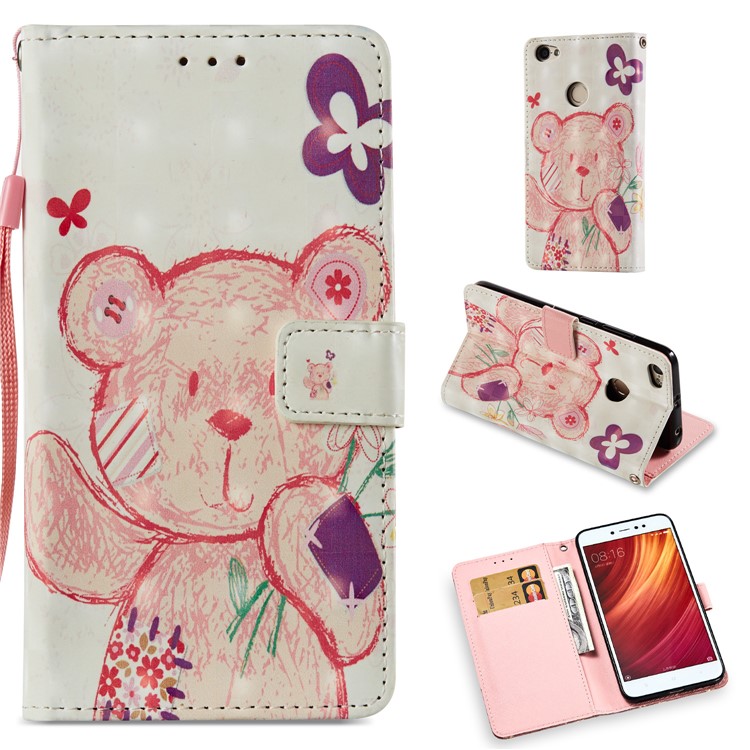 Pattern Printing Leather Wallet Stand Shell for Xiaomi Redmi Y1 (India)/Redmi Note 5A Prime - Pink Bear-1