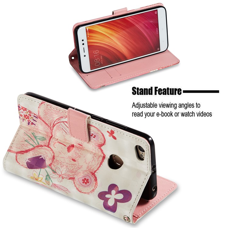 Pattern Printing Leather Wallet Stand Shell for Xiaomi Redmi Y1 (India)/Redmi Note 5A Prime - Pink Bear-2
