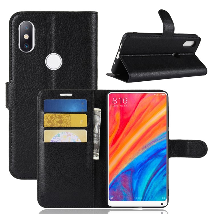 Litchi Skin Wallet Leather Stand Case for Xiaomi Mi Mix 2s - Black-1