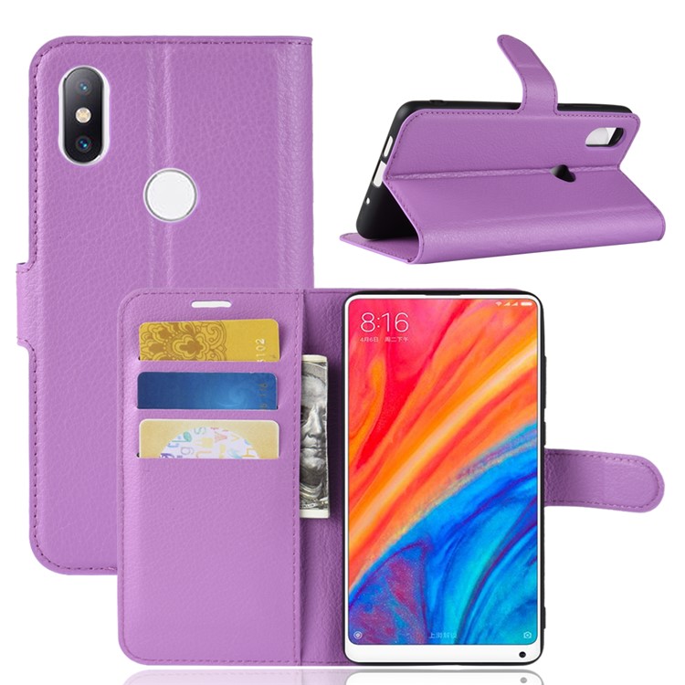 Litchi Skin Leather Wallet Cover for Xiaomi Mi Mix 2s - Purple-1