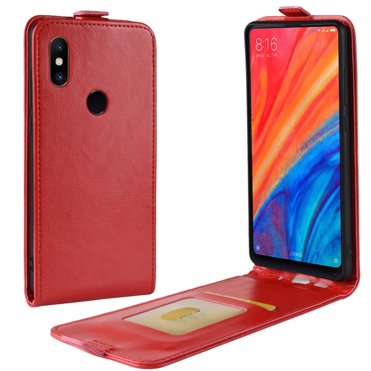 Crazy Horse Vertical Leather Card Holder Phone Casing for Xiaomi Mi Mix 2s - Red-1