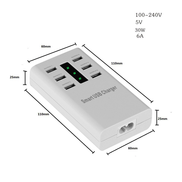 Portable Travel 30W 5V 6A 6-Port Smart Charger with 1.5m Cable for iPhone Samsung Huawei - US Plug-3