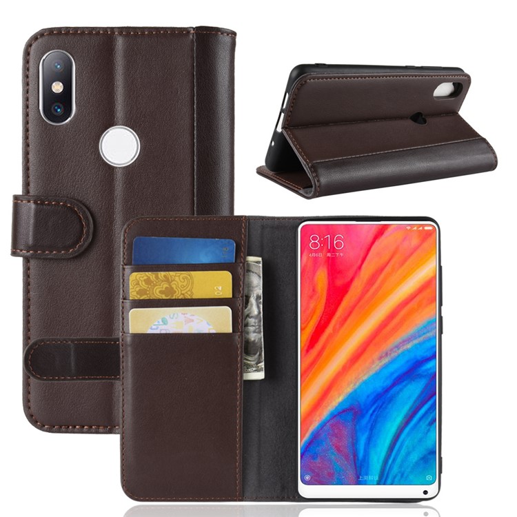 Genuine Split Wallet Leather Protection Flip Stand Case Cover for Xiaomi Mi Mix 2s - Coffee-1