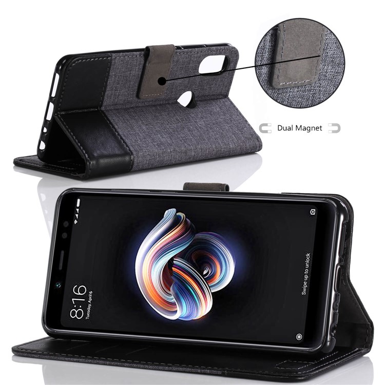 MUXMA PU Leather Canvas Splicing Wallet Stand Case for Xiaomi Redmi Note 5 Pro (Dual Camera) / Redmi Note 5 (China) - Black-5