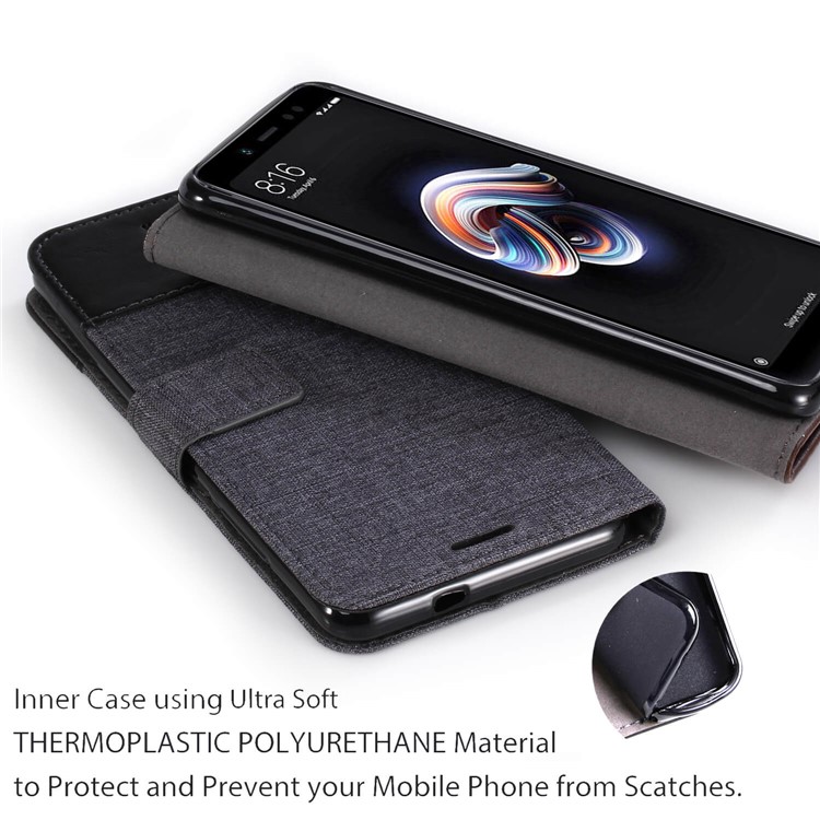 MUXMA PU Leather Canvas Splicing Wallet Stand Case for Xiaomi Redmi Note 5 Pro (Dual Camera) / Redmi Note 5 (China) - Black-8