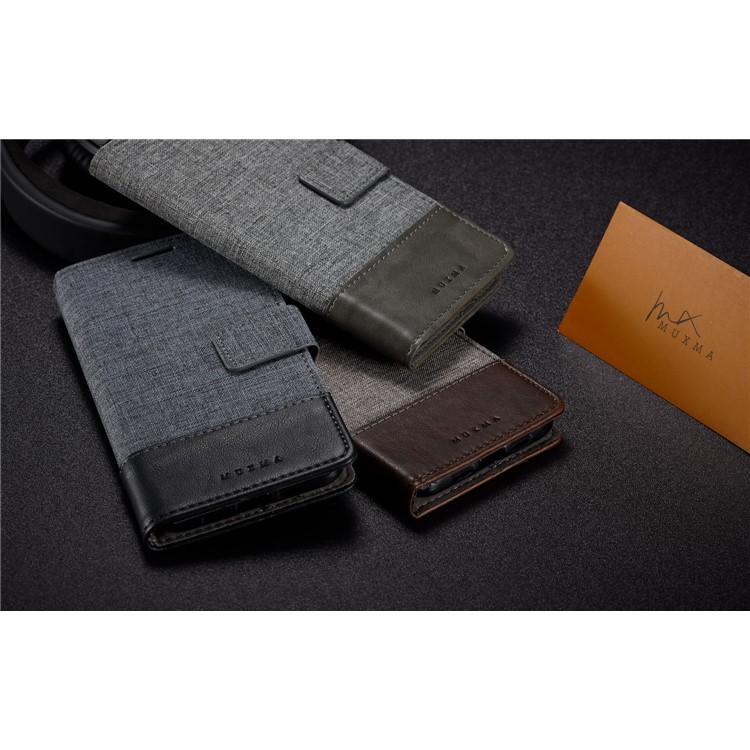 MUXMA PU Leather Canvas Splicing Wallet Stand Cover for Xiaomi Redmi Note 5 Pro (Dual Camera) / Redmi Note 5 (China) - Grey-21