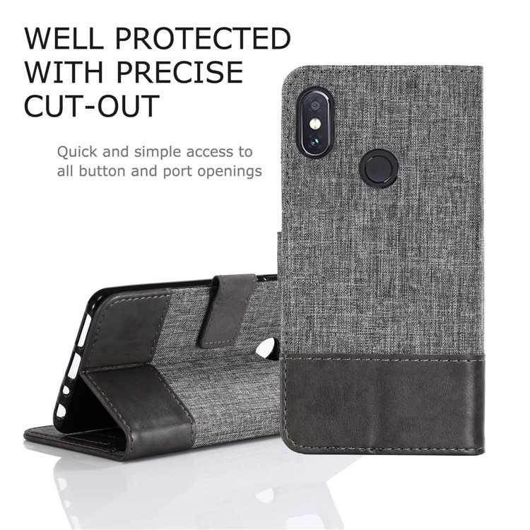 MUXMA PU Leather Canvas Splicing Wallet Stand Cover for Xiaomi Redmi Note 5 Pro (Dual Camera) / Redmi Note 5 (China) - Grey-3