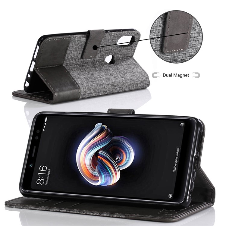 MUXMA PU Leather Canvas Splicing Wallet Stand Cover for Xiaomi Redmi Note 5 Pro (Dual Camera) / Redmi Note 5 (China) - Grey-5