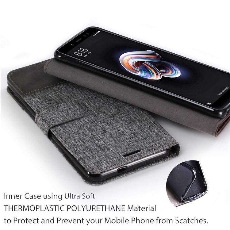 MUXMA PU Leather Canvas Splicing Wallet Stand Cover for Xiaomi Redmi Note 5 Pro (Dual Camera) / Redmi Note 5 (China) - Grey-8