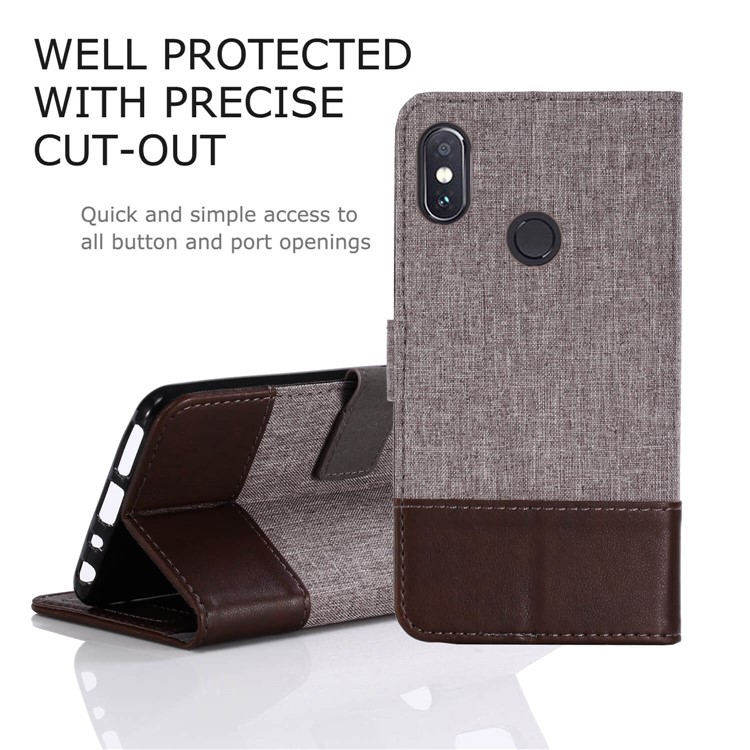 MUXMA PU Leather Canvas Splicing Wallet Stand Shell for Xiaomi Redmi Note 5 Pro (Dual Camera) / Redmi Note 5 (China) - Brown-3