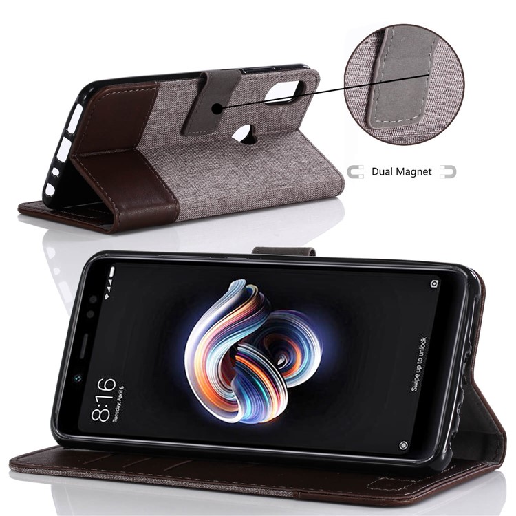 MUXMA PU Leather Canvas Splicing Wallet Stand Shell for Xiaomi Redmi Note 5 Pro (Dual Camera) / Redmi Note 5 (China) - Brown-5