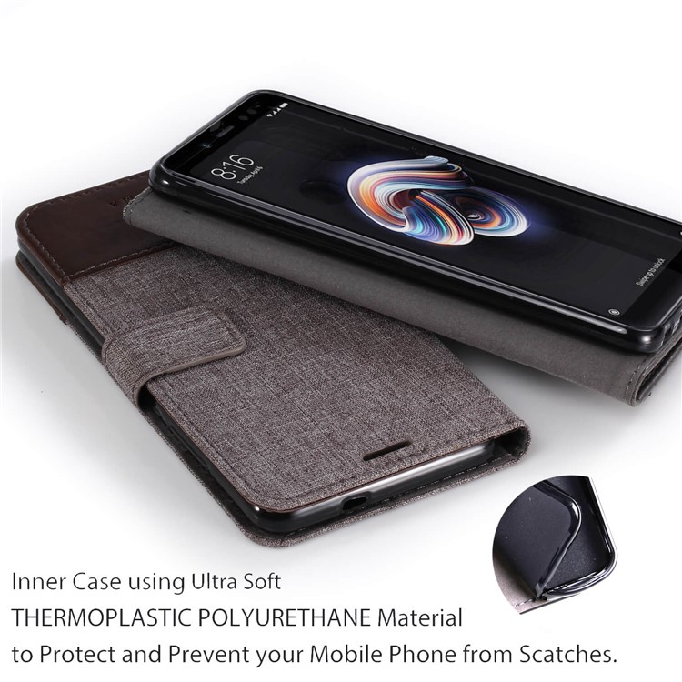 MUXMA PU Leather Canvas Splicing Wallet Stand Shell for Xiaomi Redmi Note 5 Pro (Dual Camera) / Redmi Note 5 (China) - Brown-8
