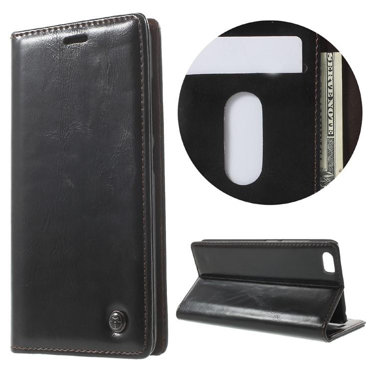 CASEME Oil Wax Crazy Horse Leather Wallet Case for Xiaomi Mi 5 - Black-1