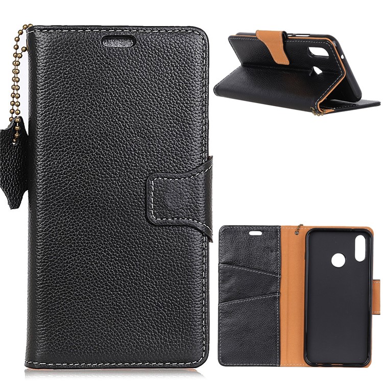 Litchi Grain Genuine Leather Wallet Stand Mobile Phone Case for Xiaomi Mi 6X - Black-1