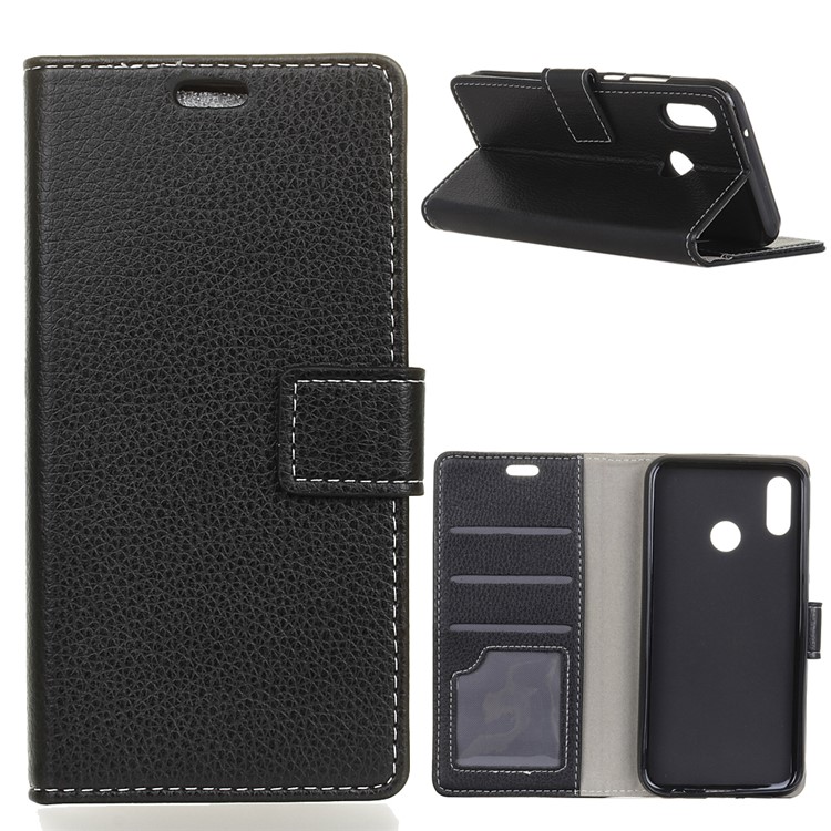 Litchi Skin PU Leather Magnetic Wallet Stand Case for Xiaomi Redmi S2 - Black-1