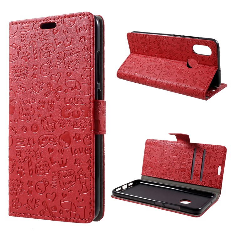 Cartoon Graffiti Leather Wallet Phone Case for Xiaomi Mi 8 (6.21-inch) - Red-1