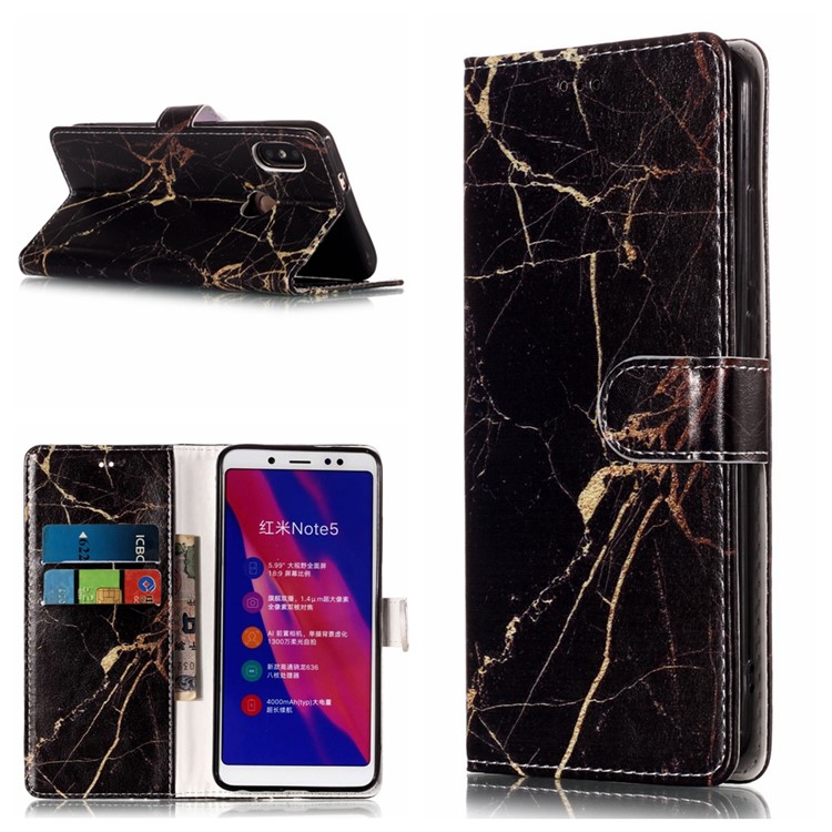 Pattern Printing Wallet Stand Leather Flip Cover for Xiaomi Redmi Note 5 Pro (Dual Camera) / Redmi Note 5 (China) - Black Marble-1