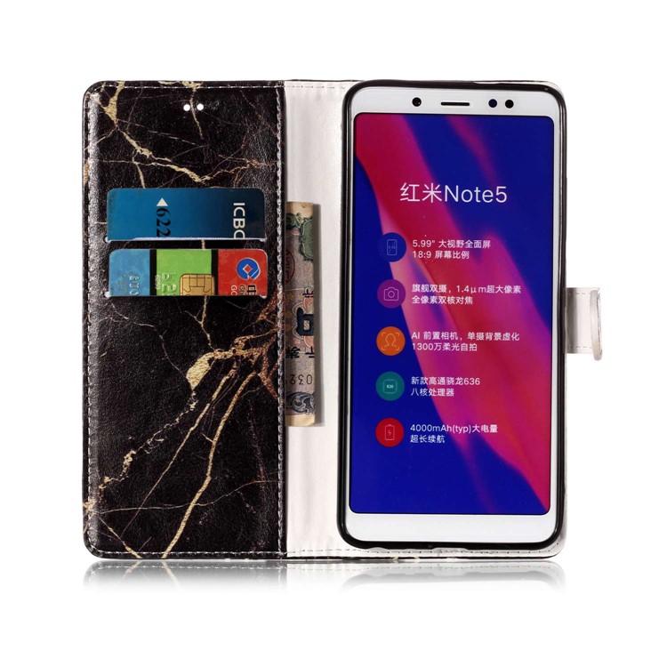Pattern Printing Wallet Stand Leather Flip Cover for Xiaomi Redmi Note 5 Pro (Dual Camera) / Redmi Note 5 (China) - Black Marble-19