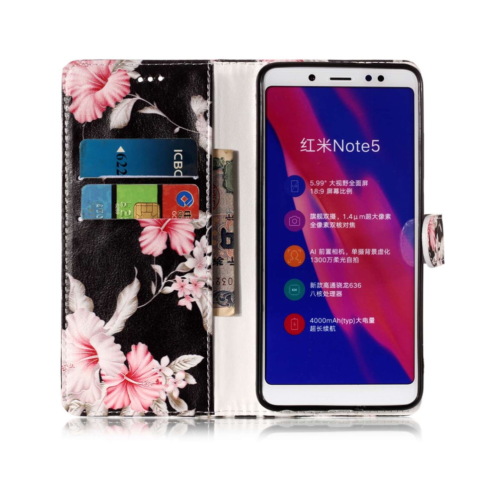 Carteira de Impressão de Padrões Caixa de Telefone de Couro Para Xiaomi Redmi Note 5 Pro (câmera Dupla) / Redmi Nota 5 (China) - Flores Bonitas