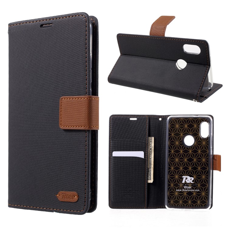 ROAR KOREA Twill Leather Wallet Stand Case for Xiaomi Redmi Note 5 (12MP Rear Camera) / Redmi 5 Plus (China) - Black-1