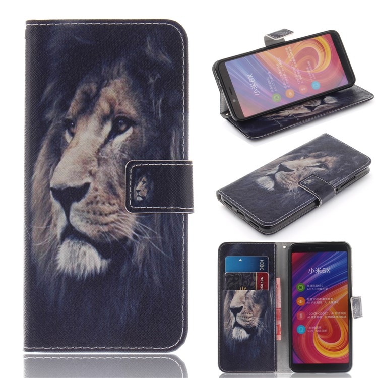 Pattern Printing Wallet Leather Cover Shell with Stand for Xiaomi Mi A2 / Mi 6X - Lion-1