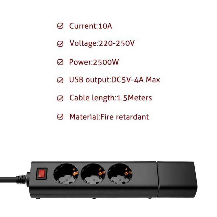 Multifunktions-2500W 3-Port-Switch-Steuerung Steckdose Platooninsert Mit Abnehmbarem USB-Adapter - EU-Stecker-6