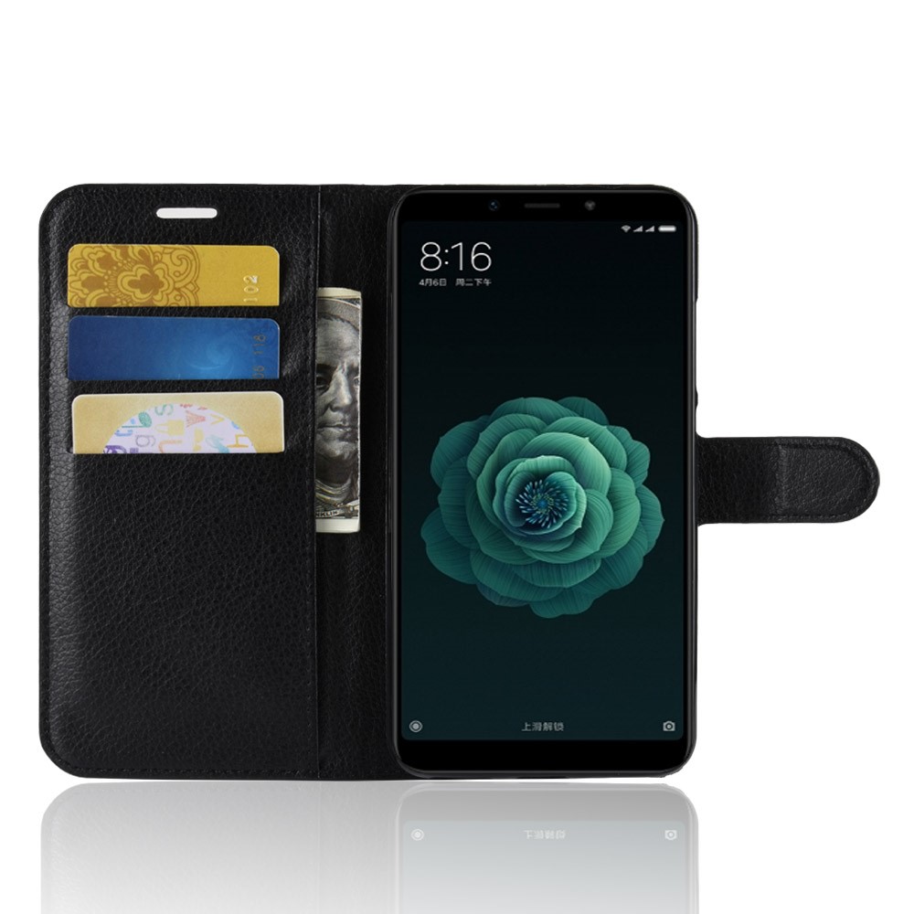 Litchi Skin Wallet Leather Stand Caso Para Xiaomi Mi A2 / Mi 6x - Preto