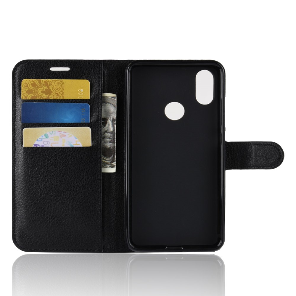 Litchi Skin Wallet Leather Stand Caso Para Xiaomi Mi A2 / Mi 6x - Preto