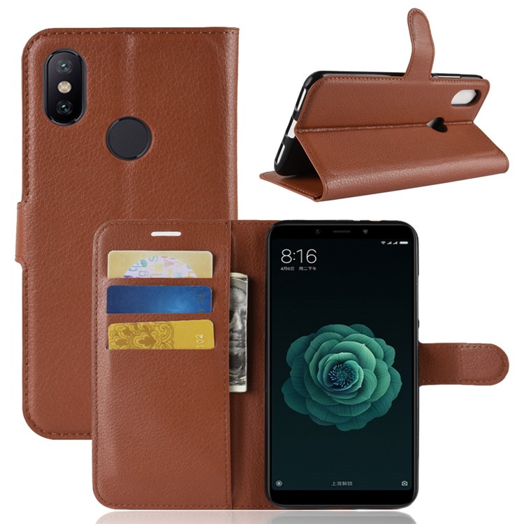 Litchi Skin Wallet Leather Protection Case for Xiaomi Mi A2 / Mi 6X - Brown-1