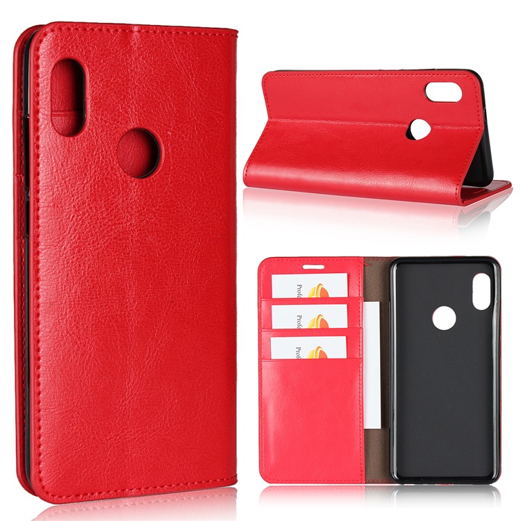 Crazy Horse Texture Genuine Leather Wallet Stand Shell for Xiaomi Mi A2 / Mi 6X - Red-2